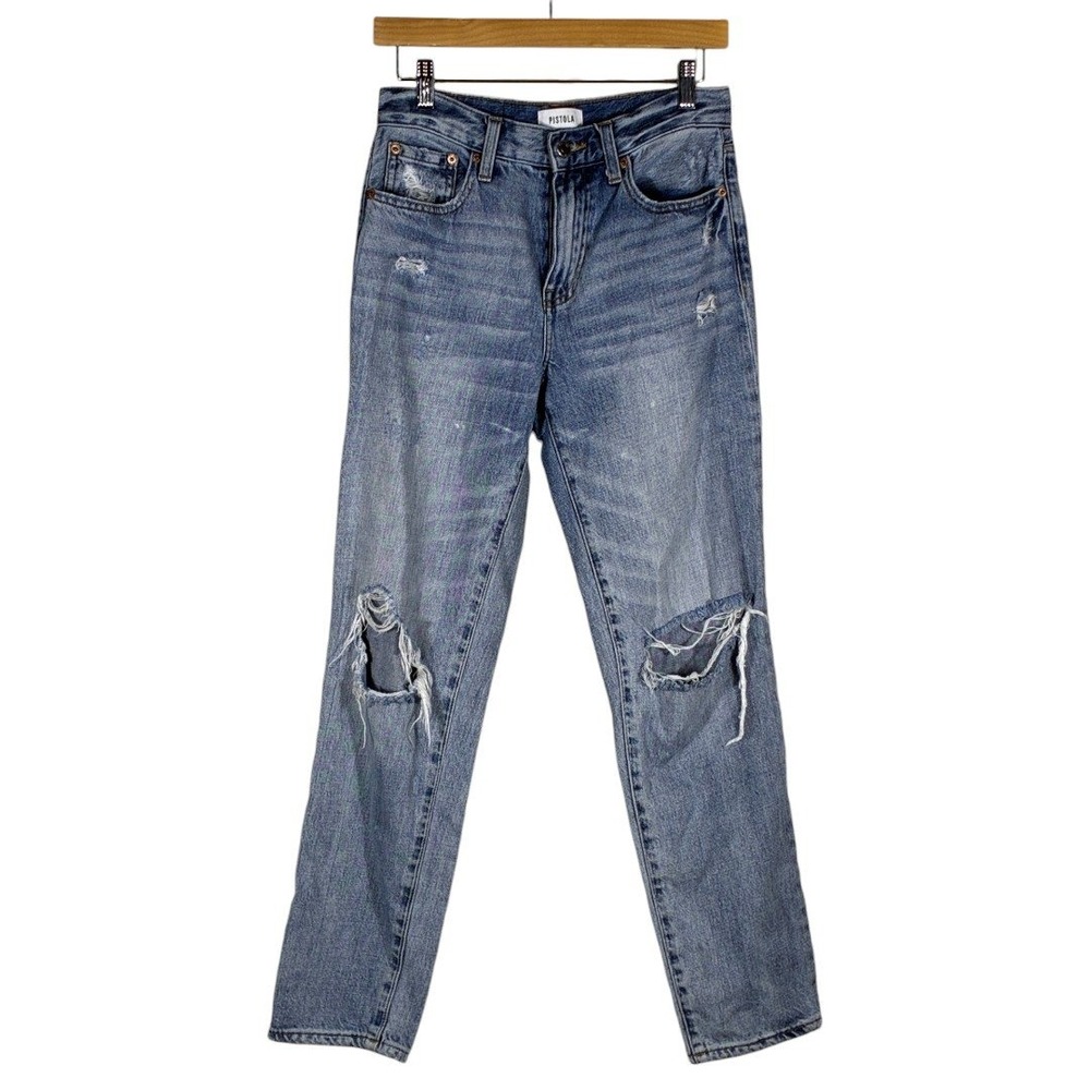 Pistola Presley Distressed High Rise Straight Leg Jeans Light Wash Blue Size 26